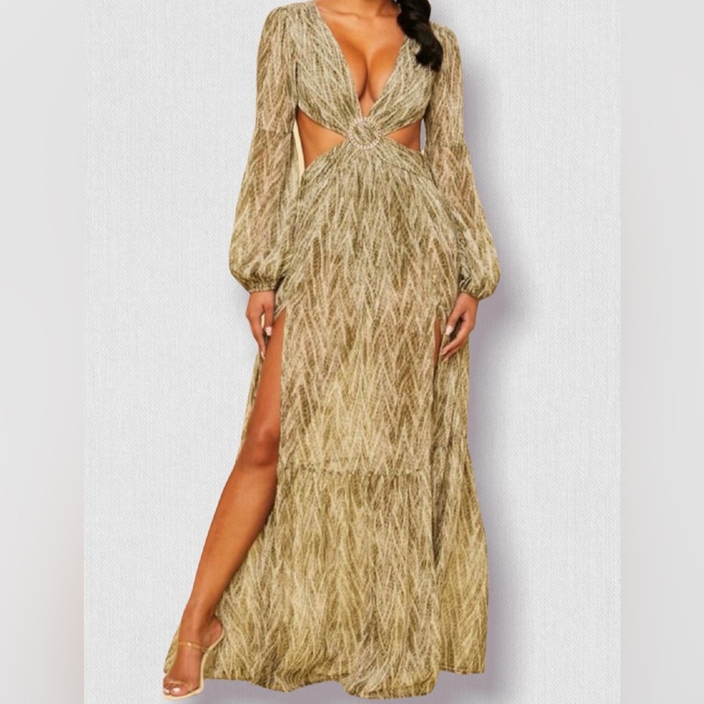 Luxxel Gold Patterned Maxi Dress with Cutouts